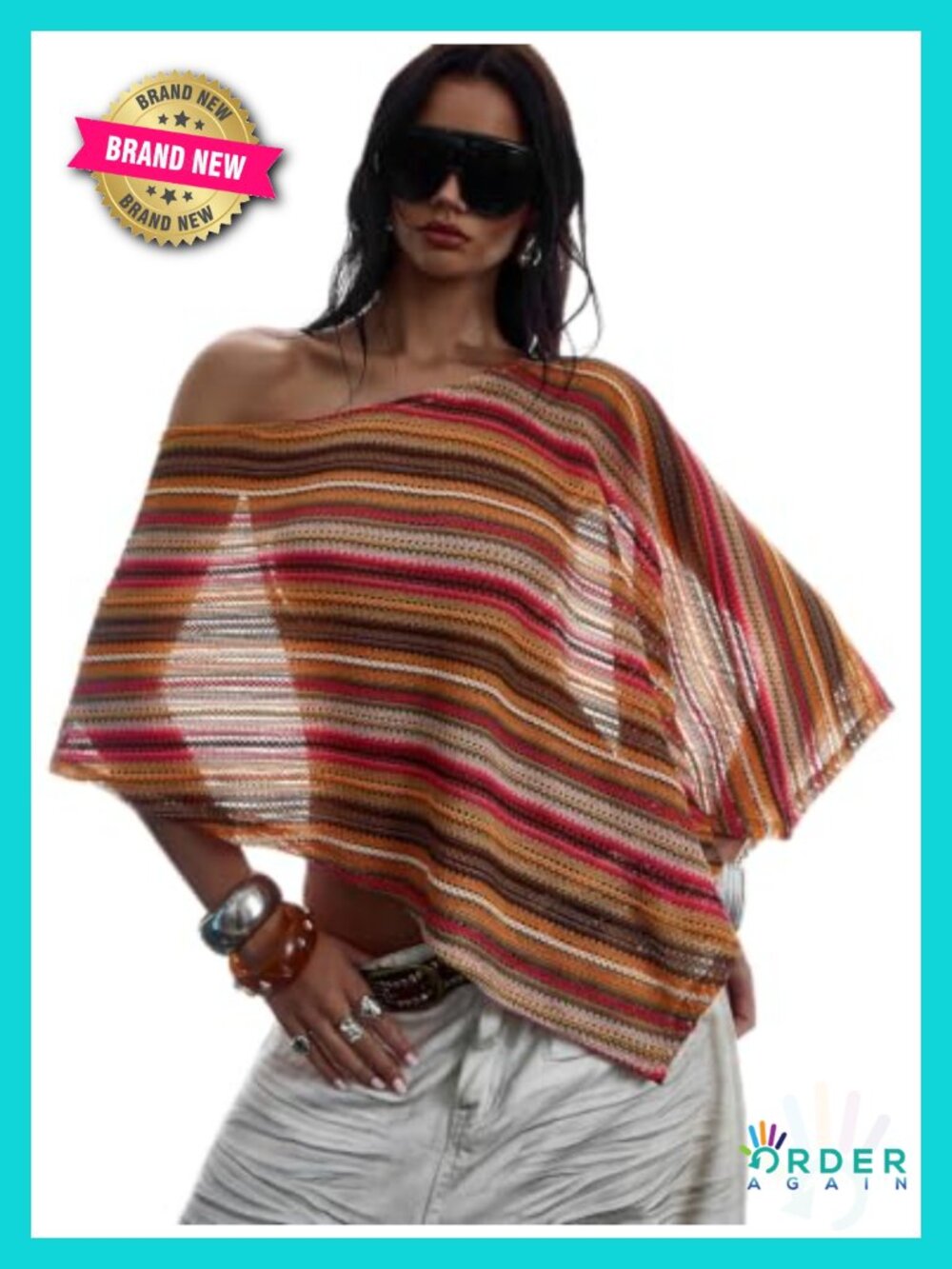 Sheer Crochet Knit Poncho Top Dolman Sleeve Boat Neck Pullover Sweater